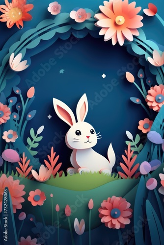 A rabbit sitting in the middle of a field of flowers. Perfect for nature and animal-themed designs