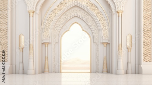 A photograph of a grand, spacious white building with elegant arches and pillars. Ideal for architectural projects or travel brochures