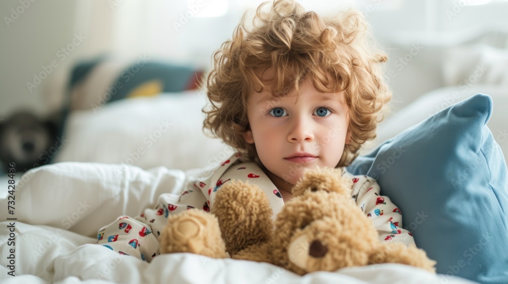A young child with curly hair wearing pajamas holding a teddy bear laying on a bed with white sheets and a blue pillow. A young child with curly hair wearing pajamas holding a teddy bear laying on a bed with white sheets and a blue pillow.