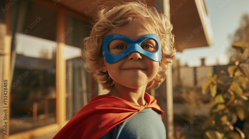 Young child with blond hair wearing a blue mask and a red cape posing playfully in front of a house with a blurred background.
