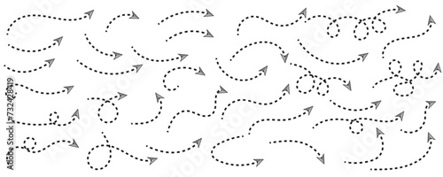 Curved dotted arrow. Zigzag arrow stripes design with dotted lines. Pointers to the wire, up, down. Curved line. Vector illustration.