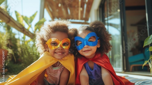 Two young children a boy and a girl dressed in superhero costu mes wearing colorful masks and capes sitting on a porch smiling at the camera with a blurred background of a sunny day and greenery. photo