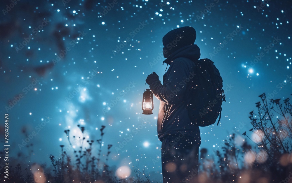 Person Holding Lantern Under Star-Filled Night Sky