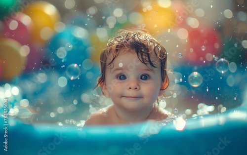 Young Child Playing in Pool With Bubbles