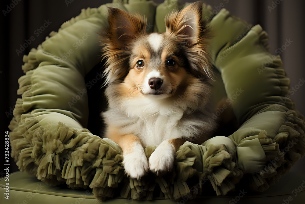 Regal Canine Comfort. A pampered pup enjoys the plush embrace of a luxury dog bed, perfect for pet-related advertising and home comfort themes. Regal Canine Comfort. A pampered pup enjoys the plush embrace of a luxury dog bed, perfect for pet-related advertising and home comfort themes.