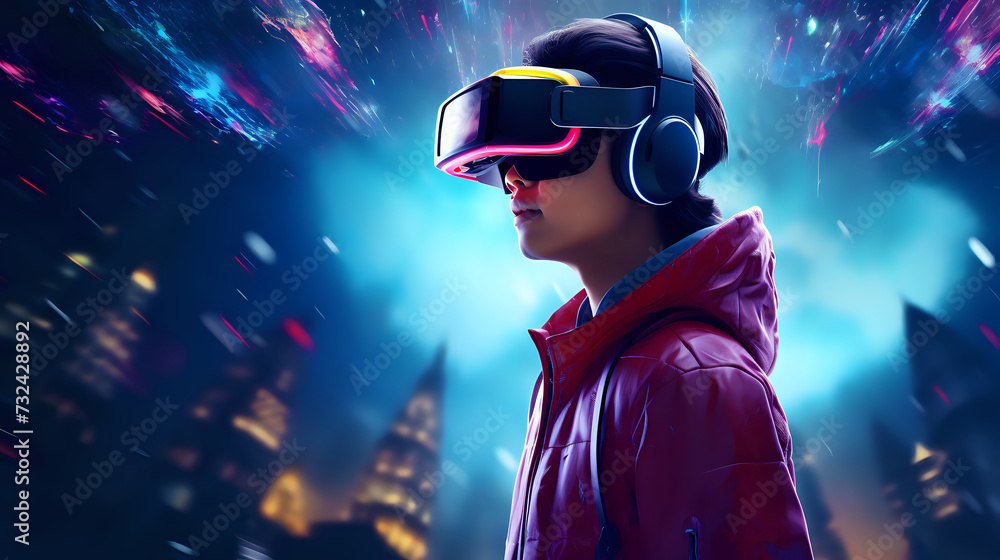 Futuristic Vision in Virtual Reality. Side profile of a person engaged in a virtual reality experience, illuminated by vibrant neon light streaks, embodying the fusion of technology Futuristic Vision in Virtual Reality. Side profile of a person engaged in a virtual reality experience, illuminated by vibrant neon light streaks, embodying the fusion of technology