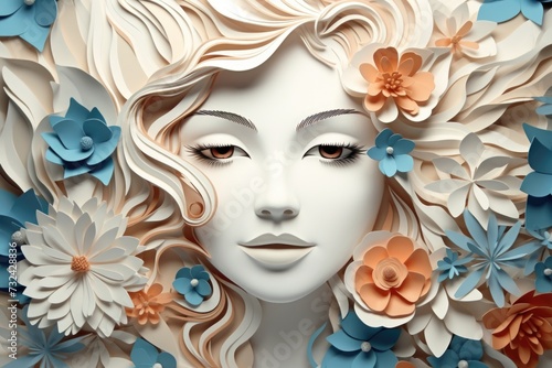 Close up of a woman's face with paper flowers surrounding her. Perfect for artistic projects or floral-themed designs