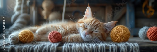 Orange Cat Playing Ball Yarn Lying, Background Banner