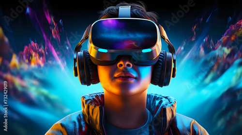 A captivating portrait of a young individual engaged in a virtual reality experience, with a VR headset and headphones, set against a backdrop of vibrant, abstract digital landscapes that seem to burs © Yuliia