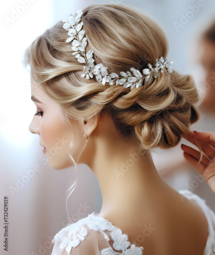  A woman is seen in profile, her hair expertly styled in an intricate updo adorned with a delicate, leafy hairpiece that glimmers with the suggestion of diamonds. The soft, golden tones of her hair 
