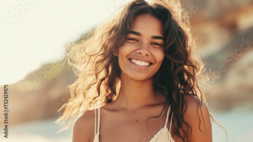 Smiling woman with curly hair and a white top standing on a beach with a blurred background. © iuricazac