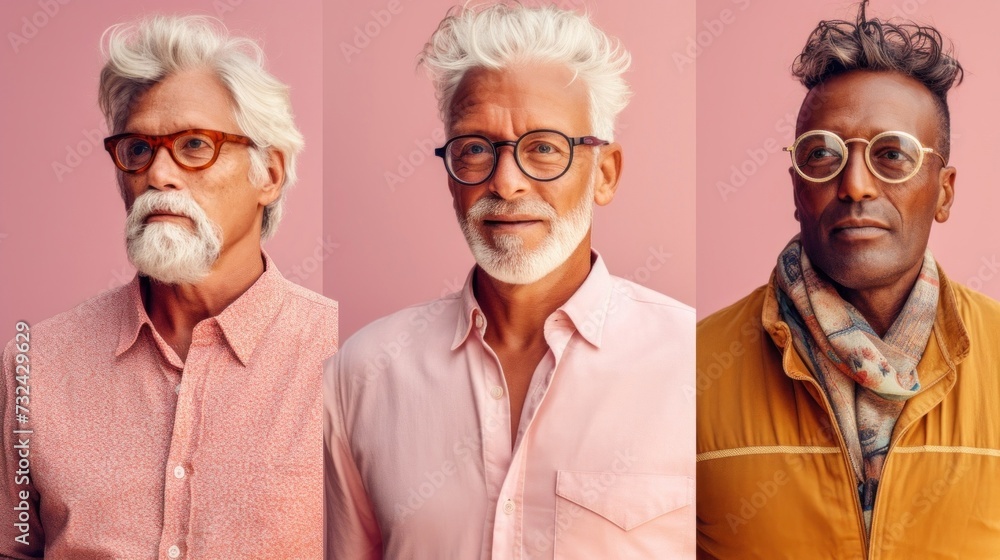 Three men with white hair and glasses each wearing a different colored shirt and displaying distinct facial expressions set against a pink background. Three men with white hair and glasses each wearing a different colored shirt and displaying distinct facial expressions set against a pink background.