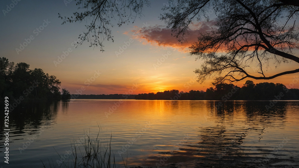 Beauty of a sunset over a still lake with the silhouette of trees framing the horizon and their branches reaching towards the vibrant hues of the fading sun