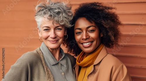 Two women one with gray hair and the other with curly hair smiling and posing together against a wooden background.
