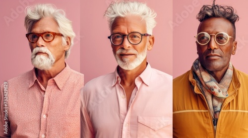 Three men with white hair and glasses each wearing a different colored shirt and displaying distinct facial expressions set against a pink background.