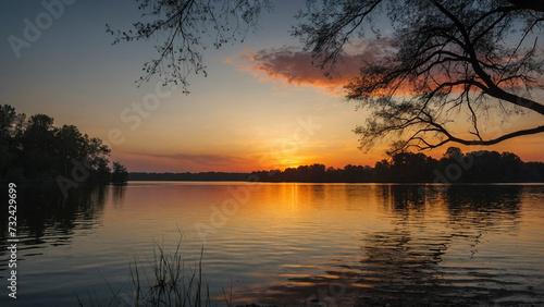 Beauty of a sunset over a still lake with the silhouette of trees framing the horizon and their branches reaching towards the vibrant hues of the fading sun