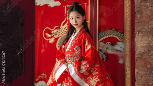 Chinese lady wearing red chinese tradtional cloth, dragon, chinese new year photo