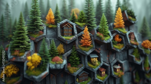 Miniature Landscape: A Cluster of Moss-Covered Houses Amidst Trees