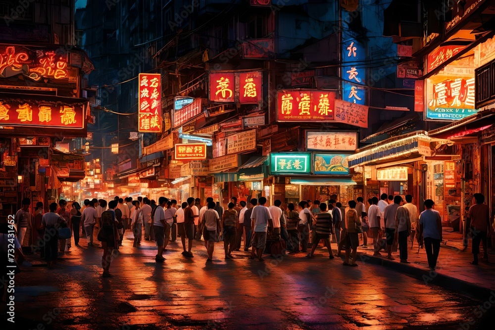  A bustling city street illuminated by the glow of neon signs and bustling with activity even in the late hours.