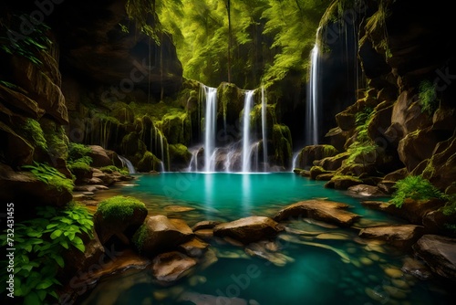 A majestic waterfall cascading down rugged cliffs into a crystal-clear pool below  surrounded by lush foliage.