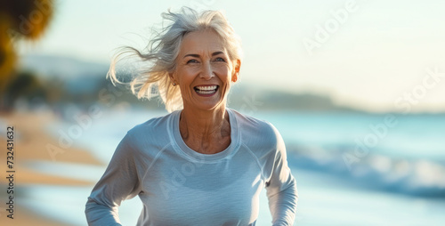 Joyful senior woman with white hair running on the beach, embodying active aging and wellness with a bright smile, in a coastal morning fitness routine photo