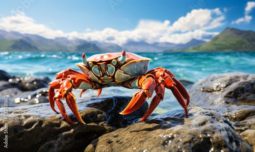 Vibrant Sally Lightfoot Crab Perched on Rocky Shore with Ocean Background, Wildlife in Natural Habitat, Coastal Ecosystem and Marine Life © Bartek