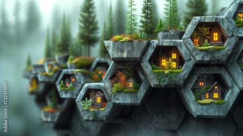Enchanting Hexagonal Rock Homes Nestled in a Mystical Forest