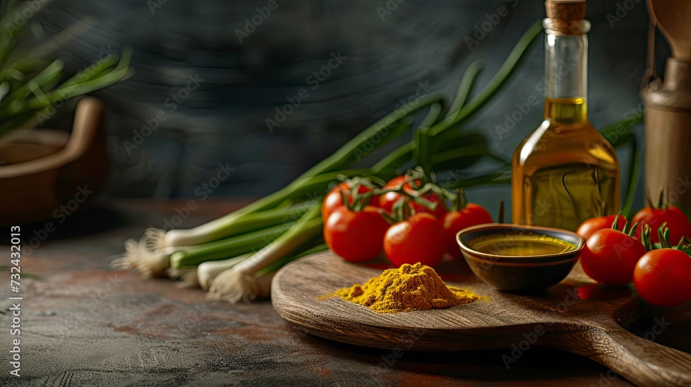 Front view round wooden board turmeric in small bowl green onions oil bottle green pepper tomatoes on table, realistic, HD, copy space - generative ai Front view round wooden board turmeric in small bowl green onions oil bottle green pepper tomatoes on table, realistic, HD, copy space - generative ai