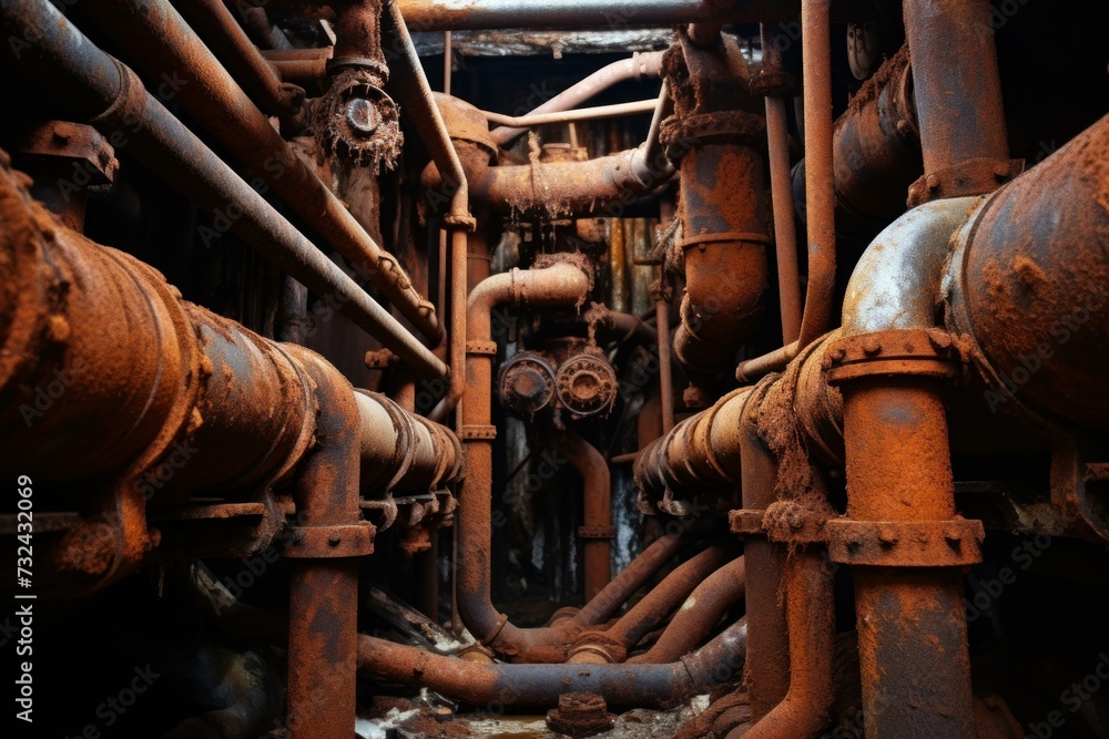 Stack of rusty orange pipes. Old rusted steel industrial pipelines covered with oxidized scab. Generate ai Stack of rusty orange pipes. Old rusted steel industrial pipelines covered with oxidized scab. Generate ai