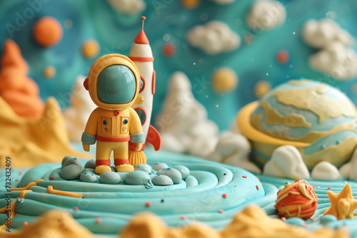 Claymation astronaut character and rocket on a textured Martian backdrop. Science fiction and space travel concept for design and print. Studio composition with vintage feel