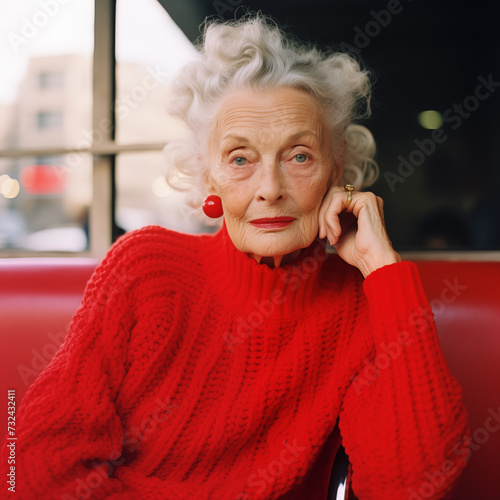 EDITORIAL SENIOR WOMAN IN A DINER WITH A RED SWEATER