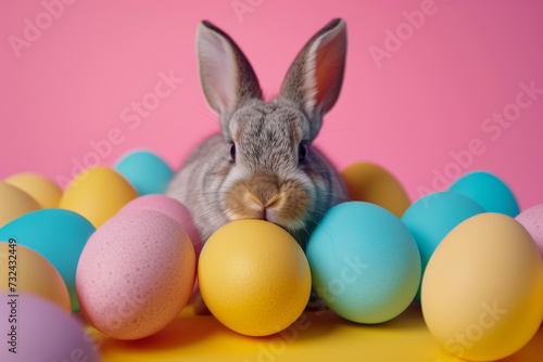 Happy Easter Eggs Basket blissful. Bunny in flower easter vivid decoration Garden. Cute hare 3d playful easter rabbit spring illustration. Holy week Spirituality card wallpaper Rose Blush