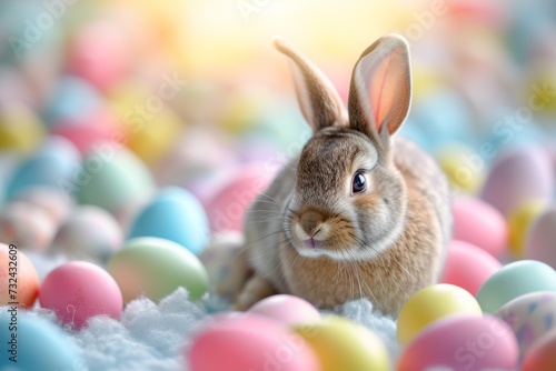 Happy Easter Eggs Basket arrangement. Bunny in flower easter shenanigans decoration Garden. Cute hare 3d Fragrance easter rabbit spring illustration. Holy week fluffy card wallpaper sunny © Leo