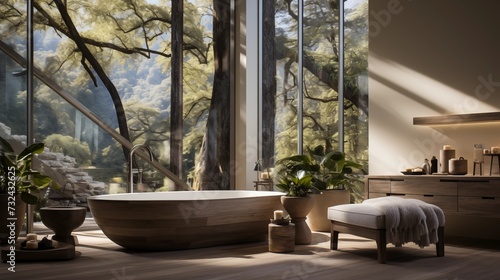 Spa retreat bathroom with a modern soaking tub, neutral tones, and natural light. © Aeman
