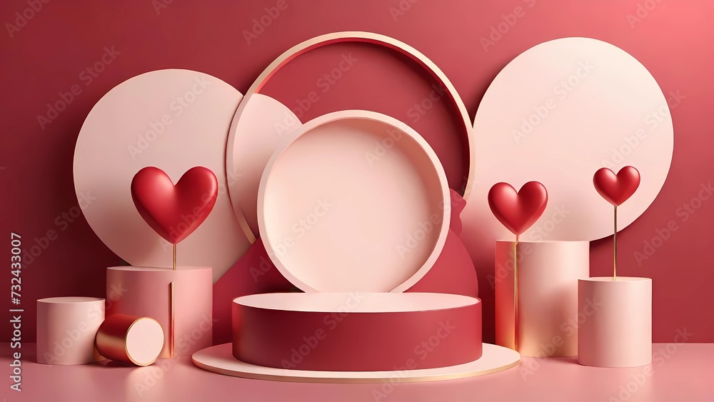 Artistic display of cylindrical pedestals with decorative hearts in a modern and elegant composition on a red background.