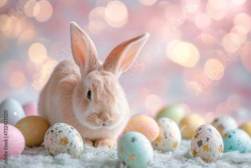 Happy Easter Eggs Basket Sprightly. Bunny in flower easter soft toy decoration Garden. Cute hare 3d light blue easter rabbit spring illustration. Holy week prank card wallpaper rose sugar