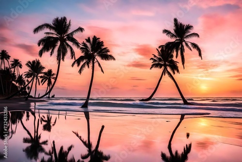  A serene beach at sunset  with pastel-colored skies reflecting off the calm waters and silhouettes of palm trees swaying gently in the breeze. 