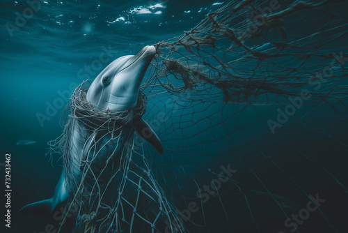 8 juin, journée internationale de la protection des océans. Un dauphin pris dans un filet de pêche sous l'eau qui va mourir asphyxié à cause de la surpêche et de la pollution des mers.