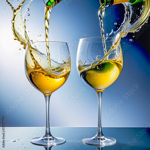 White wine is poured in to the glass on the abstract background.	