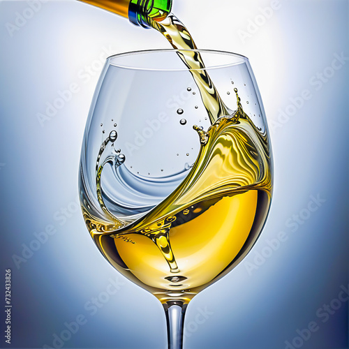 White wine is poured in to the glass on the abstract background.	