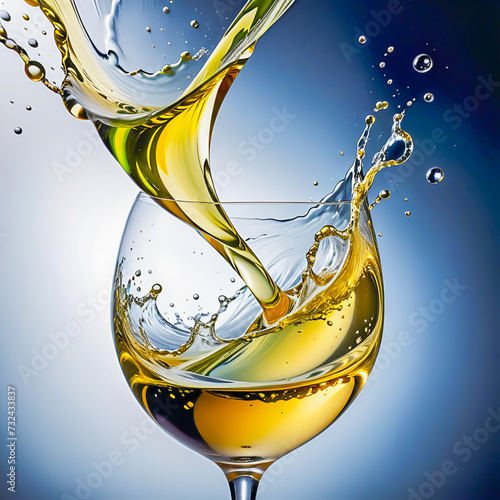 White wine is poured in to the glass on the abstract background.	