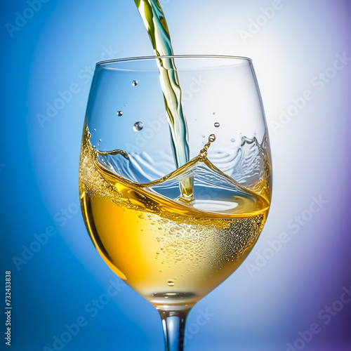 White wine is poured in to the glass on the abstract background.	
