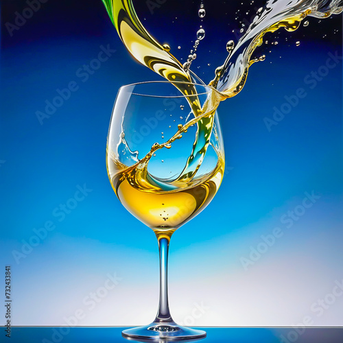 White wine is poured in to the glass on the abstract background.	