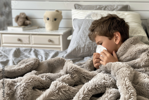 petit garçon brun, dans son lit sous les couvertures, en train de se moucher car il est malade ou allergique. Rhume, Grippe, Coronavirus, COVID-19 photo