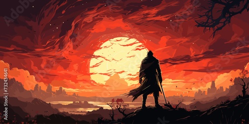 ancient warrior with the magic spear standing in the meadow, digital art style, illustration painting