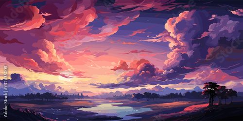 Vector evening sky clouds. Anime clean style.