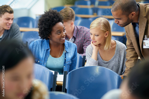 Obraz na plátne University student, teacher and classroom or test help in lecture hall or education, scholarship or learning