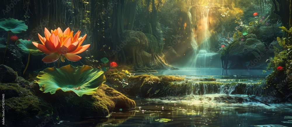 The natural landscape features a picturesque waterfall as the backdrop, while a beautiful lotus flower blooms in the foreground. The natural landscape features a picturesque waterfall as the backdrop, while a beautiful lotus flower blooms in the foreground.