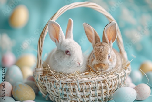 Happy Easter Eggs Basket apricot. Bunny in flower easter easter baskets decoration Garden. Cute hare 3d rejoice easter rabbit spring illustration. Holy week Open space card wallpaper lent
