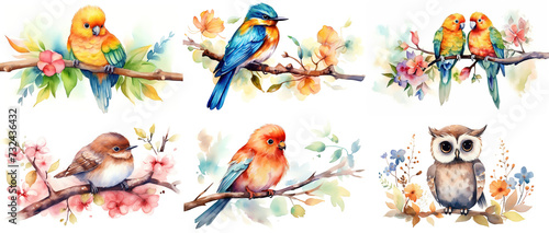 watercolor painting style illustration of cute  spring bird on flower tree branch isolated on white background collection set, Generative Ai